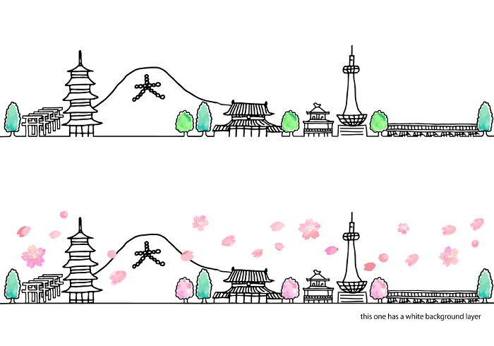 Line drawing set of simple hand-drawn spring streetscape of Kyoto