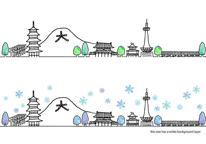 Simple hand-drawn set of line drawings of Kyoto cityscape in winter