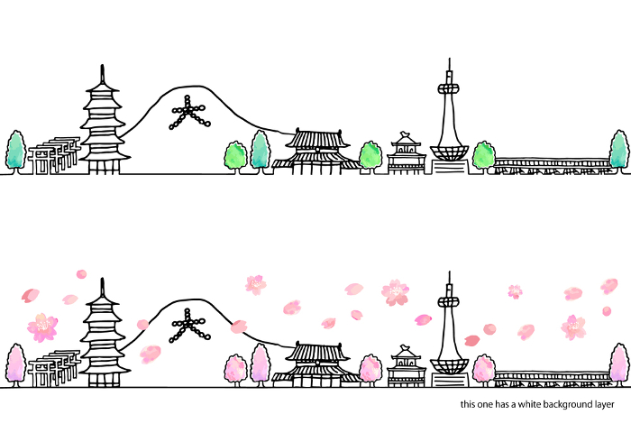 Line drawing set of simple hand-drawn spring streetscape of Kyoto / pink