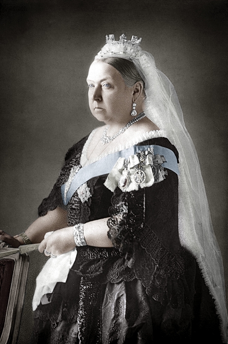Genealogy of the British Royal Family  Queen Victoria  circa 1890  Queen Victoria of the United Kingdom, c1890. Victoria  1819 1901  became Queen in 1837 and Empress of India in 1877.  Colorised black and white print .