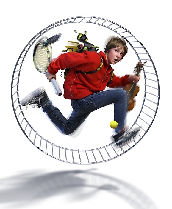 Fast paced lifestyle, conceptual image Fast paced lifestyle. Conceptual image of a teenage boy running on a hamster wheel, representing a fast paced modern teenage lifestyle.