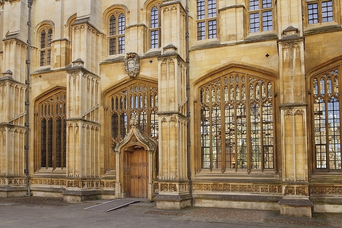 Divinity School, University of Oxford Divinity School, University of Oxford, UK. This building, part of the Old Bodleian Library, is one of the oldest surviving buildings of the University of Oxford, constructed in the Perpendicular Gothic style in the 15th century. This external door, facing onto the Sheldonian and Clarendon Quadrangles, was added by the architect Christopher Wren  1632 1723  in 1669. The university coat of arms  a book and three crowns  is above the windows over the door.