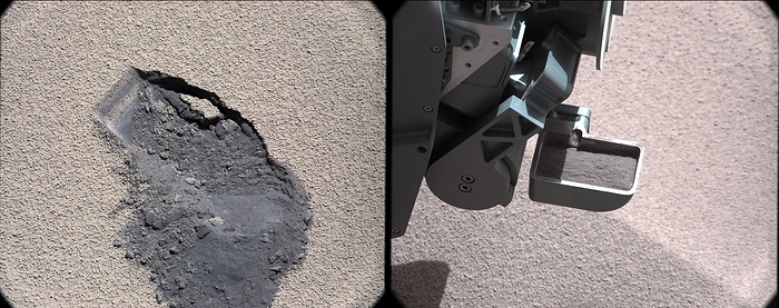 Curiosity rover collecting Martian soil Curiosity rover collecting Martian soil. Pair of images showing the mark left where NASA s Curiosity rover scooped up some Martian soil  left , and the scoop carrying soil  right . The first scoop sample was taken from the Rocknest site on 7th October 2012, the 61st sol, or Martian day, of operations. Imaged by Curiosity s Mast Camera.