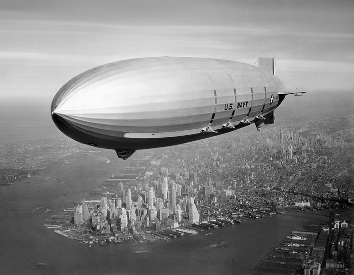 Airship over Manhattan, New York, US Airship over Manhattan, New York City, New York, USA, in 1933. This is the USS Macon  ZRS 5 , a helium filled rigid airship built in the USA by the Goodyear Zeppelin Corporation. It served as a flying aircraft carrier for F9C Sparrowhawk fighter planes. The Macon was launched on 21st April 1933 and served for less than two years before crashing during a storm off the Big Sur coast, California, on 12th February 1935.