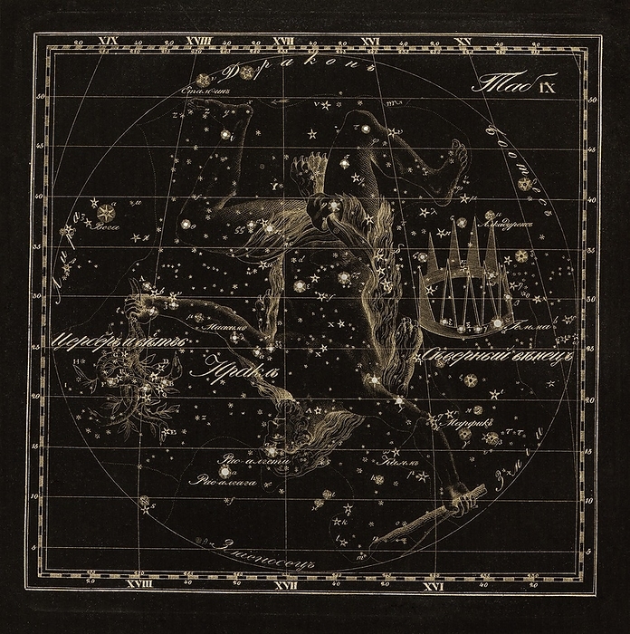 Hercules constellations, 1829 Hercules constellations. 19th century map of stars and constellations from the celestial atlas  Sozviezdiia Predstavlennyia na XXX Tablitsakh   1829  by Kornelius Reissig, an Associate Member of the Russian Academy Sciences in St. Petersburg. The title translates as:  Presentation of constellations in 30 tables . This was the earliest Russian star atlas, and was based on earlier work by Bode  1806  and Flamsteed  1776 . The constellations are labelled in Cyrillic, represented by mythological figures and animals. This is Plate 9, showing the constellations of Hercules  upside down , Ramus Pomifer  held in Hercules s hand , and Corona Borealis  centre right .
