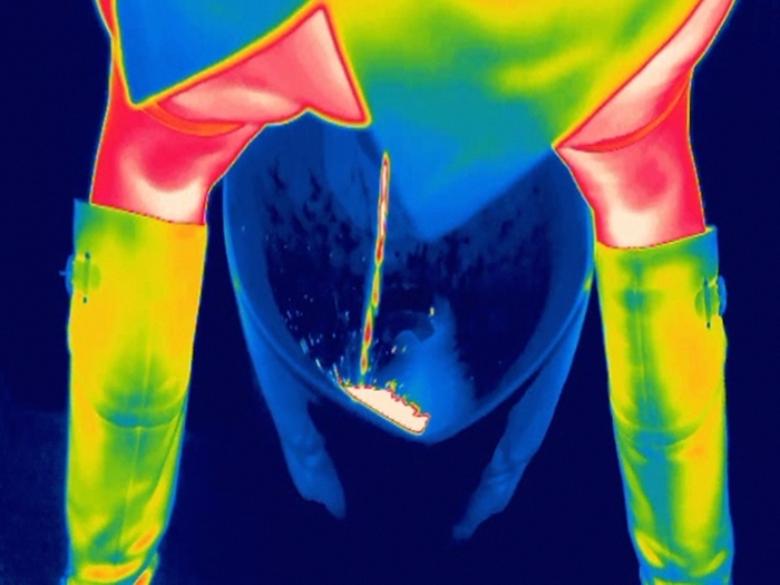 Woman using a urinal, thermogram Woman using a urinal. Thermogram of a woman urinating in a urinal. The colours show variation in temperature. The scale runs from black  coldest  through purple, pink, red, orange and yellow, to white  warmest . Thermography records the temperature of objects by detecting long  wavelength radiation.