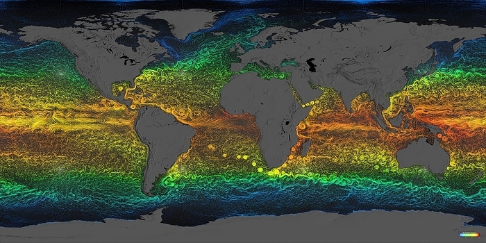 Global surface currents 2005 2007 Earth surface currents 2005 2007. Computer visualisation showing ocean surface currents around the world during the period from June 2005 to December 2007. The temperature of the waters is colour coded from blue  cold , through yellow, to red  hot . This visualisation was produced using model output from the joint MIT JPL project:  Estimating the Circulation and Climate of the Ocean, Phase II   ECCO2 . ECCO2 uses the MIT  Massachusetts Institute of Technology  general circulation model  MITgcm  to synthesise satellite and in situ data of the global ocean and sea ice at resolutions that begin to resolve ocean eddies and other narrow current systems, which transport heat and carbon in the oceans.