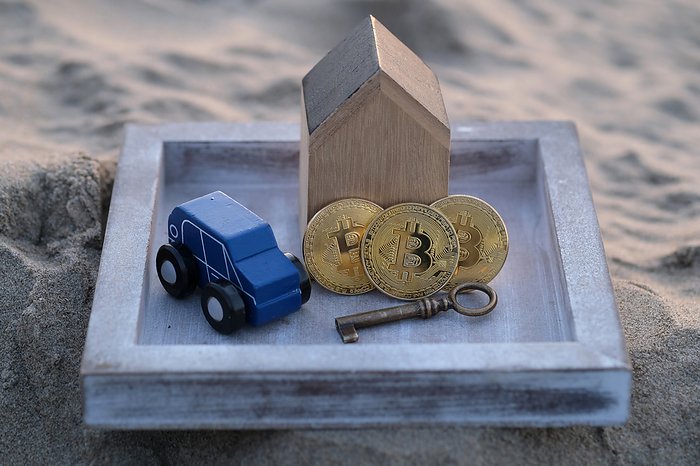 Bitcoin Image In this photo illustration, visual representations of the digital Cryptocurrency, Bitcoin, are pictured with a wooden house shaped object, a miniature car and a key on November 24, 2020 in Katwijk, Netherlands.  Photo by Yuriko Nakao AFLO   