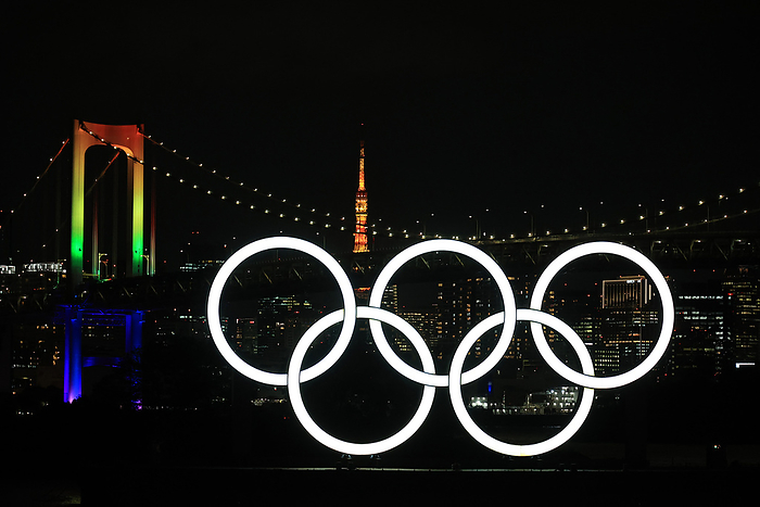 Olympic rings are reinstalled at Tokyo s waterfront Daiba December 1, 2020, Tokyo, Japan   Illuminated Olympic rings are displayed before the Rainbow Bridge and the Tokyo Tower at Tokyo s waterfront Daiba on Tuesday, December 1, 2020. Olympic symbol was reinstalled after the maintenance as the Tokyo 2020 Olympic Games was postponed one year amid outbreak of the new coronavirus.      Photo by Yoshio Tsunoda AFLO 