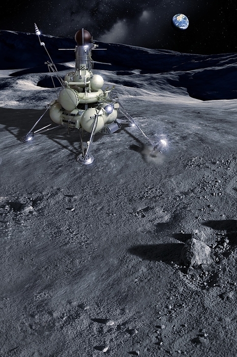 Luna 16 lunar probe on the Moon, composite image Luna 16 lunar probe collecting lunar samples on the Moon, composite image. Luna 16 was an unmanned Soviet spacecraft designed to gather samples of lunar soil and return them back to Earth. The probe was launched on 12th September 1970 from the Baikonur cosmodrome, Kazakhstan, and returned 12 days later with 101 grams of lunar soil.