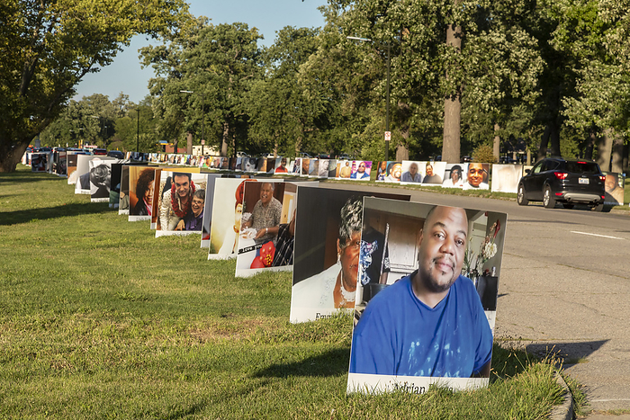 Memorial to Covid 19 victims, Detroit, USA Memorial to Covid 19 victims, Detroit, Michigan USA. Portraits of Detroit residents who died from Covid 19 lining the roads of Belle Isle State Park as a citywide memorial. The nearly 900 portraits represent the 1,500 Detroiters who died from the virus upto 18th August 2020. Covid 19 is a respiratory disease caused by the coronavirus SARS Cov 2 that first emerged in Wuhan, China, in December 2019. Photographed on 29th August 2020.