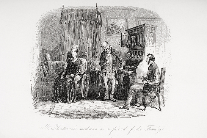 The World s Greatest Writers  Charles Dickens The David Copperfield   Date unknown  Mr. Flintwich mediates as a friend of the family. Illustration from the Charles Dickens novel David Copperfield by H.K. Browne known as Phiz