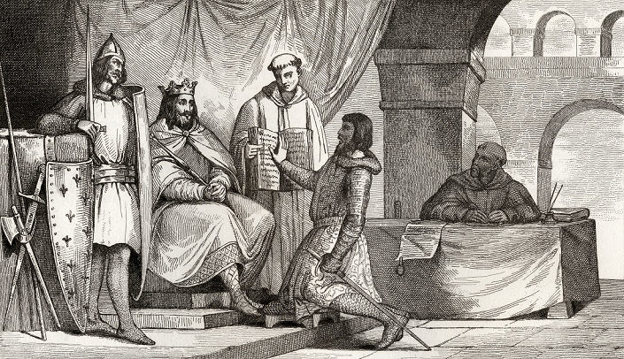 Louis II The Stammerer 848 to 879 receives an oath of allegiance from a noble from Histoire de France by Colart published circa 1840
