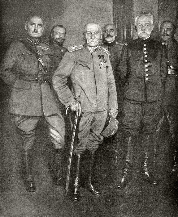 World War I Maurice Sarrail  1916  The allies at Salonica, January 1916. Front left British General Sir Bryan Thomas Mahon. Centre King Peter of Serbia. Right General Maurice Paul Emmanuel Sarrail. From L Illustration, 1916.