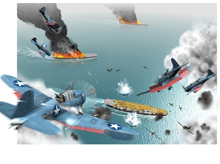 Battle of Midway, World War II, 1942 Battle of Midway. Artwork of US dive bombers attacking Japanese aircraft carriers during the Battle of Midway in the Pacific Ocean on 4 June 1942, during World War II. This is the attack by a squadron of Douglas SBD 3 Dauntless dive bombers  blue  on three of the the four aircraft carriers sent to attack Midway Atoll. Japanese Zero fighters  green  are defending the ships, but the Japanese had been caught unawares as the aircraft were refitted with bombs for use on land targets. All three carriers shown here, Soryo, Kaga, and Akagi, were sunk. The battle was a decisive victory for the USA, and a turning point in the struggle to control the Pacific.
