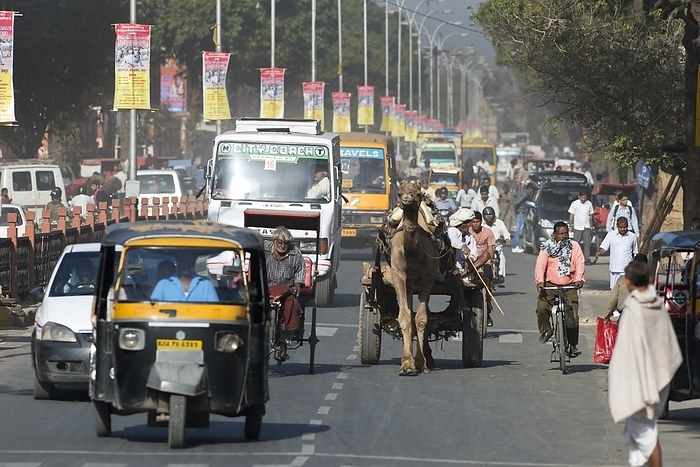 Road traffic in India Road traffic in India. Motor vehicles, bicycles, taxis, a camel drawn cart and pedestrians on a road in Jaipur, Rajasthan, India. Photographed in March 2013.