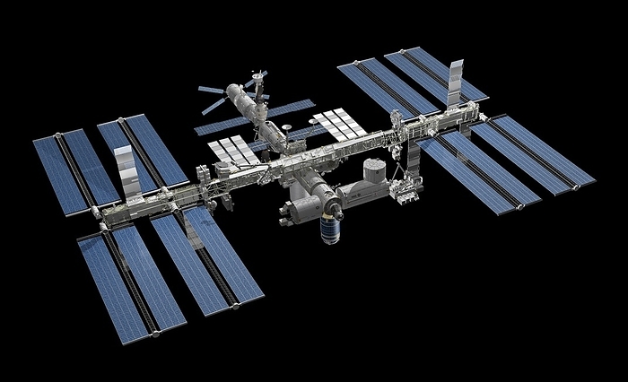 International Space Station, artwork International Space Station  ISS , artwork. The ISS, built in stages since 1998, is a collaborative project between the national space agencies of the USA, Canada, Japan, Russia and Europe. It is a modular structure, consisting of a number of modules, trusses and arrays of solar panels. The ISS operates as a microgravity and space environment research laboratory, with experiments conducted by crew members. Orbiting at an altitude of around 360 kilometres, it has been crewed since 2000, and will remain operational until at least 2020. Since 2011, it has been supplied by Soyuz and Progress spacecraft, and various automated transfer vehicles.