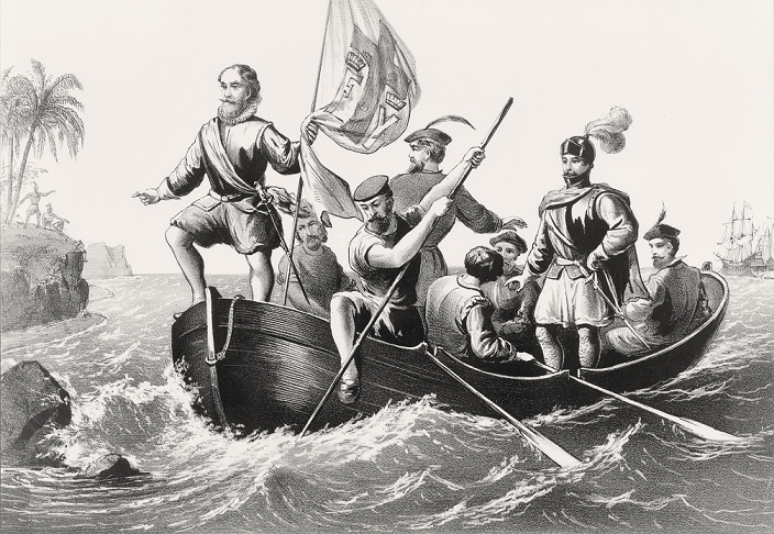 Christopher Columbus Christopher Columbus setting foot in San Salvador October 12 1492 From an engraving printed in 1876