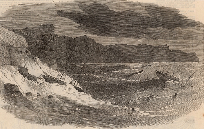 Crimean War Departure to Britain  December 9, 1854  Crimean  Russo Turkish  War 1853 1856. Wrecked British shipping at Balaclava Bay after the great storm of 13 16 November 1854. On the left survivors from the wrecks are being hauled up the cliffs to safety. From The Illustrated London News  London, 9 December 1854 . Engraving.
