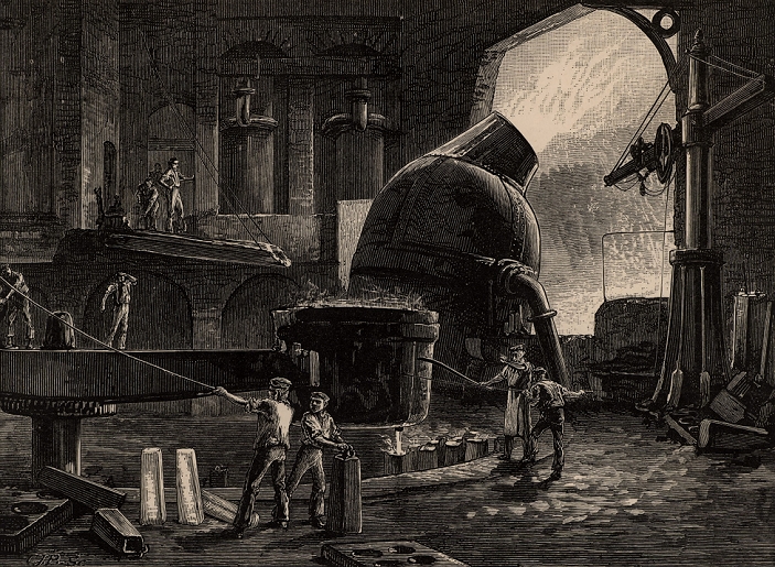 World Events Industrial Revolution Bessemer Method  1880  Steel manufacture by the Bessemer process in operation in Sheffield, England. Molten metal from the Converter, centre right, is being poured from the bottom of a ladle into moulds. From Great Industries of Great Britain  London, c1880 . Engraving.