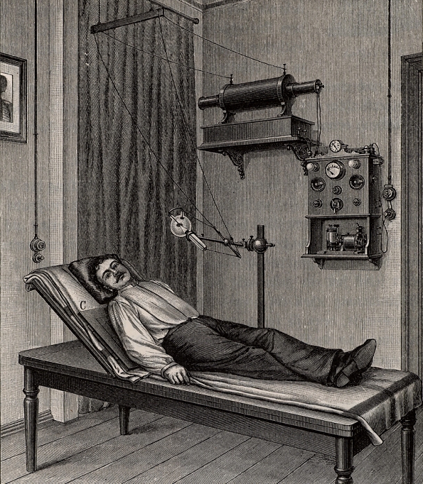X-ray being taken of a patient's thorax. The X-ray pate is beneath the patient at C. From Die Naturkrafte by M Wilhelm Meyer (Leipzig, 1903).