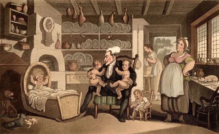Doctor Syntax Turned Nurse. Typical farmhouse kitchen-living room. The maid is doing the washing in the scullery through the doorway One child is in a basketwork cradle and another in a miniature chair. Doctor Syntax is holding what appear to be twins. Smoked hams hang from the ceiling and pewter plates stand on the shelves of the kitchen dresser. Thomas Rowlandson illustration for The Tours of Dr Syntax by William Combe (London, 1820). Aquatint.