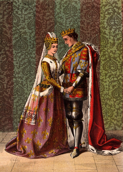 Henry V (1387-1422), king of England from 1413, courting Katherine, daughter of the French king. King Henry V Act V, Scene II. Illustration by Robert Dudley (active 1858-1893) published 1856-1858 for the historical drama King Henry V by William Shakespeare, written 1599. Henry married Catherine of Valois in 1420 after concluding the 'perpetual peace' of Troyes. Chromolithograph.