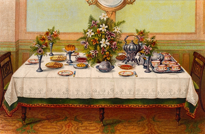 Table covered with a linen cloth and set for Afternoon Tea. A tea kettle on a stand with a spirit heater under it is placed near the teapot. Oleograph from Household Management by Isabella Beeton (London, 1906).