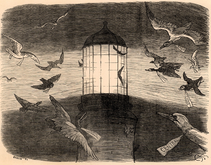 Bird Migration. The lantern of the Eddystone lighthouse built on the Stone 13 miles South-east of Polperro, Cornwall, England, being used to observe migrating birds. This practice began in the Autumn of 1878. The pun on Edison's name in the caption is because in September 1878 Thomas Alva Edison said he would invent a safe, mild and cheap electric light which would supersede gaslight in millions of dwellings. The Eddystone light was oil. Cartoon by Charles Samuel Keene (1823-1891) from Punch.