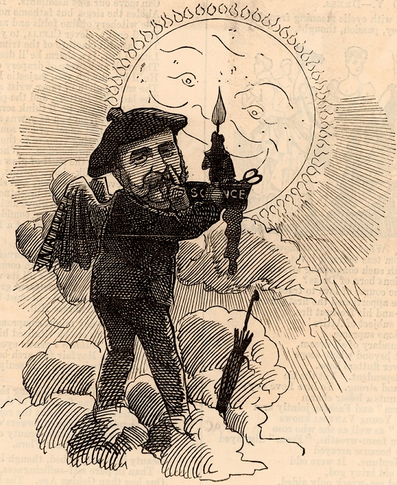 Joseph Norman Lockyer (1836-1920) English astronomer and spectroscopist born at Rugby, Warwickshire. In 1868 he detected and  named the gaseous element Helium in the Sun's chromosphere.  In 1869 he established the science journal Nature which he edited until shortly before his death.  Cartoon by Edward Linley Sambourne in the Punch's Fancy Portraits series from Punch (London, 22 December 1883).