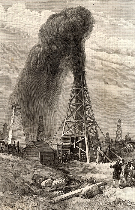Baku oilfields in South Western Azerbaijan. A 'gusher' spouting out a fountain of oil before it has been brought under control. Engraving from The Illustrated London News (London, 12 June 1886).