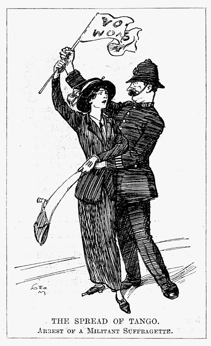 Votes for Women. A somewhat embarrassed British policeman experienceing difficulty in arressting a militant suffragette. Cartoon from Punch, London, 3 December 1913.