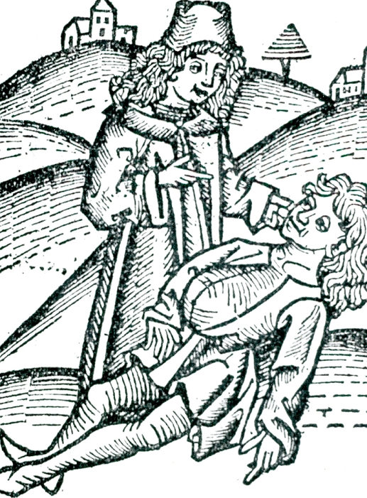 Physician applying a Bezoar stone to a victim of poisoning. The stone was extracted from the gall-bladder or stomach of an animal such as a goat or an antelope. Bezoar is a corruption of a Persian word meaning counter-poison. From Johannis de Cuba Ortus Sanitatus Strasbourg, 1483.