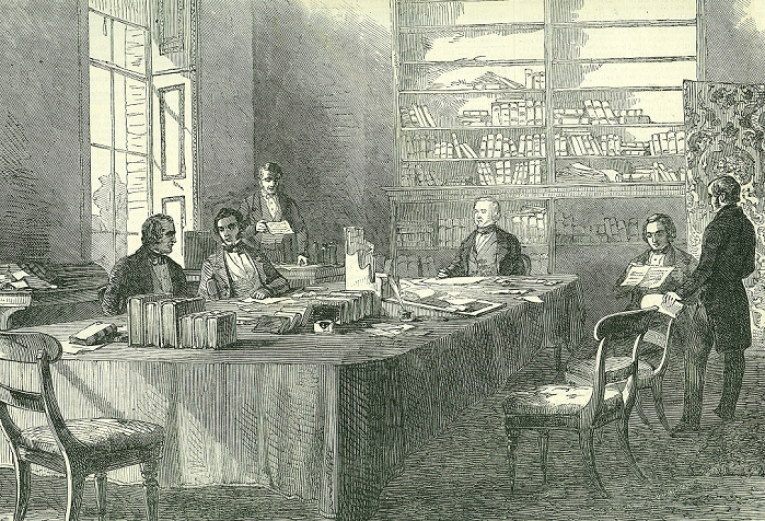 Meeting of the General Board of Health, Gwydyr House, Whitehall, London. Figure seated on right is Edwin Chadwick (1800-1890) who agitated for a Sanitary Commission which came into effect in 1839. The Public Health Act of 1848 which established tghe General Board of Health was due largely to him. From The Illustrated London News, October 1849.