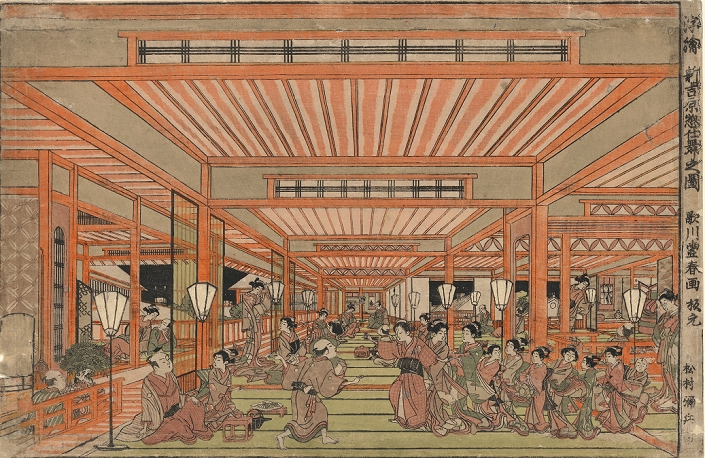New Yoshiwara  character  Cleaning out in Shin Yorshiwara: Edo  Tokyo  red light district, c1775. Women collecting together in open hall. Some women are still with clients. Utagawa Toyoharu  1735 1814  Japanese Ukiyo e artist. Entertainment Prostitution