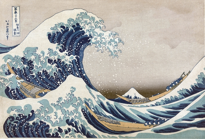 Fugaku Sanjurokkei  Thirty six views of Mt. Fuji  The Great Wave off the coast at Kanagawa, c1830. From  Thirty six Views of Mount Fuji , c1831. Katsushika Hokusai  1760 1849  Japanese Ukiyo e artist. Men crouch in boats as huge wave towers over them. Sea Power