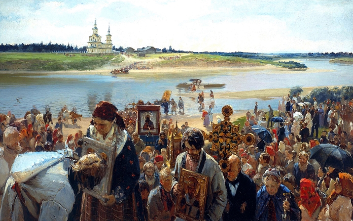 Easter Procession', 1893. Oil on canvas. Illarion Pryanishnikov (1840-1894). Religion Christian Russian Orthodox Icon Devotion Landscape River Ferry.