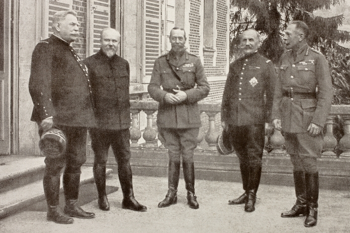  World War I Douglas Hague  1916  A meeting at British General Headquarters behind the Somme Front in France, 1916. Left to right: General Joffre, President of France Raymond Poincare, King George V, General Foch and Sir Douglas Haig. From L Illustration, 1916.