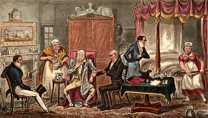 Jerry suffering the effects of overindulgence. Doctor takes his pulse. Maid heats four-poster bed with a warming pan. Landlady hovers attentively. Illustration by (Isaac) Robert Cruikshank and George Cruikshank Snr. From Life in London by Pierce Egan (London, 1821). Aquatint.