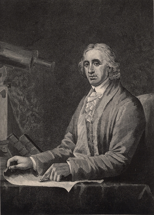 David Rittenhouse (1732-1796), American astronomer and inventor.  He introduced spider's web as cross-hairs in telescopes and measuring instruments.  He discovered the atmosphere of the planet Venus. Engraving 1896.