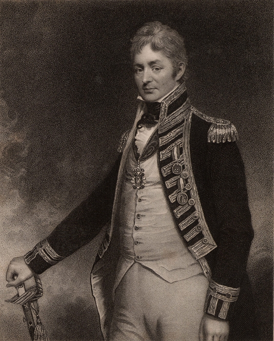 Thomas Troubridge (c1758-1807) English naval officer who rose to the rank of Rear-Admiral. Entered the Royal Navy in 1773, served in the East Indies, at the Battle of Cape St Vincent, and Aboukir Bay.  In 1807 his ship foundered of Madagascar and he and his whole crew were lost.   From National Portrait Gallery by James Jerdan (London, 1830).