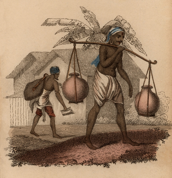 Indian water carriers: Man in foreground carries two ceramic pots balanced on either end of pole balanced on his shoulder, while the one in background has a water skin and a jug to measure out water he sells. Hand-coloured engraving published Rudolph Ackerman