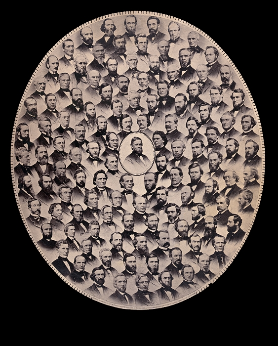 Photomontage of Representatives who voted 'Aye' on the resolution submitting a proposition to amend the Constitution of the United States as to prohibit slavery to the legislatures of the several states, c1865. Abolition