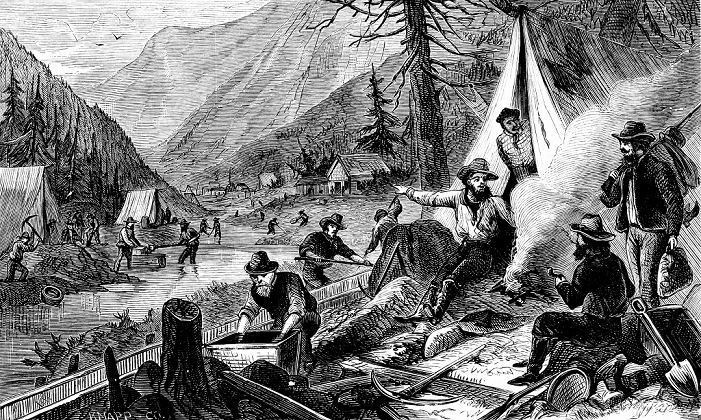 Gold Rush  1850  Washing for gold, California, c1850. The Californian Gold Rush begand in 1849. Wood engraving.