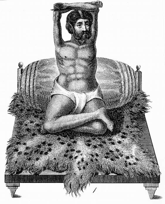 Purana Puri, a Fakir or holy man, whose mode of devotional discipline was the elevation of his arms above his head. His arms lost mass and shrank as a consequence.  Such Hindu philosophers follow an ancient tradition, and were known to the Greeks as Gymnosophists. Engraving, London, 1811.