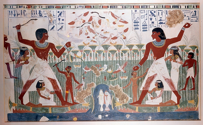Ancient Egyptians hunting wildfowl with throwing sticks. Picture shows Papyrus reed bed with fish and numerous birds including flock of geese taking to the air. British Museum