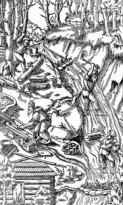 Washing for tin. After digging out a substantial amount, miners would alter course of stream, washing away light material, leaving tin-bearing ore. De re metallica, Basle, 1556. Woodcut.