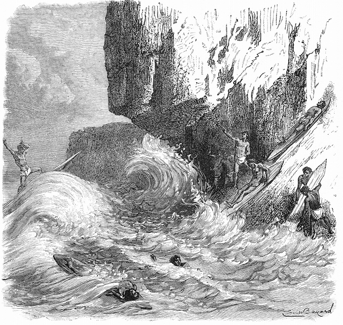 Hawaii Surfing Hawaiian men surfing using wooden boards. Wood engraving published Paris c1895.