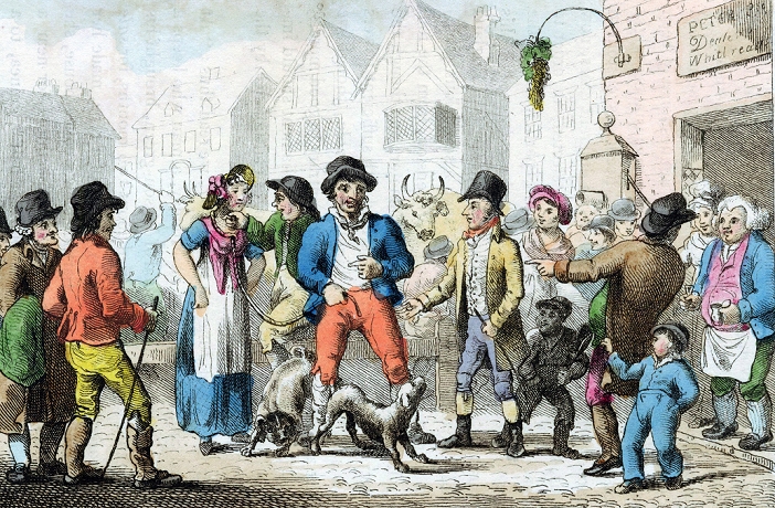 The World s Greatest Writers Thomas Hardy  1816  Selling a Wife to highest bidder. Illegal, but done in Sheffield 1803 Brighton 1808 and is an incident in Thomas Hardy s novel The Mayor of Casterbridge. Hand coloured engraving from Popular Passtimes London 1816.