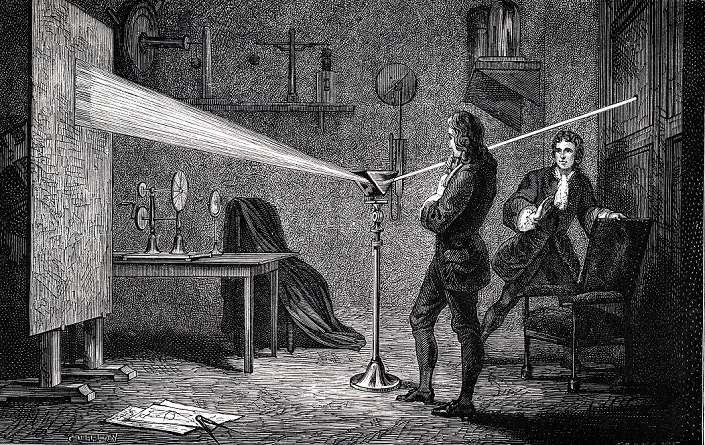 The World s Greatest Man Isaac Newton  Date unknown  Isaac Newton  1642 1727  English scientist and mathematician, using a prism to break white light into spectrum. With Cambridge room mate John Wickins. Engraving of 1874.